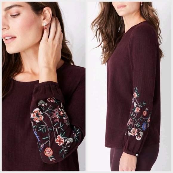 J JILL Boho Chic Plum Long Sleeve Blouse Floral Embroidered Cotton Blend Tunic - Picture 3 of 16
